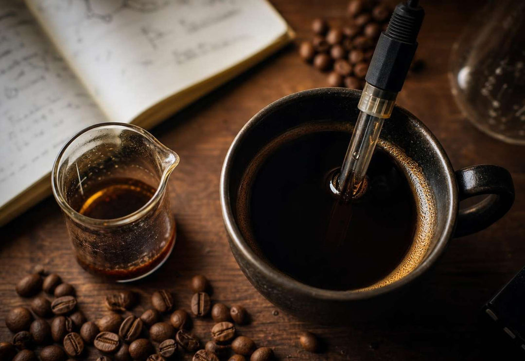 Cup of black coffee with a pH meter and lab glassware on a dark desk, illustrating the science of coffee and acid reflux
