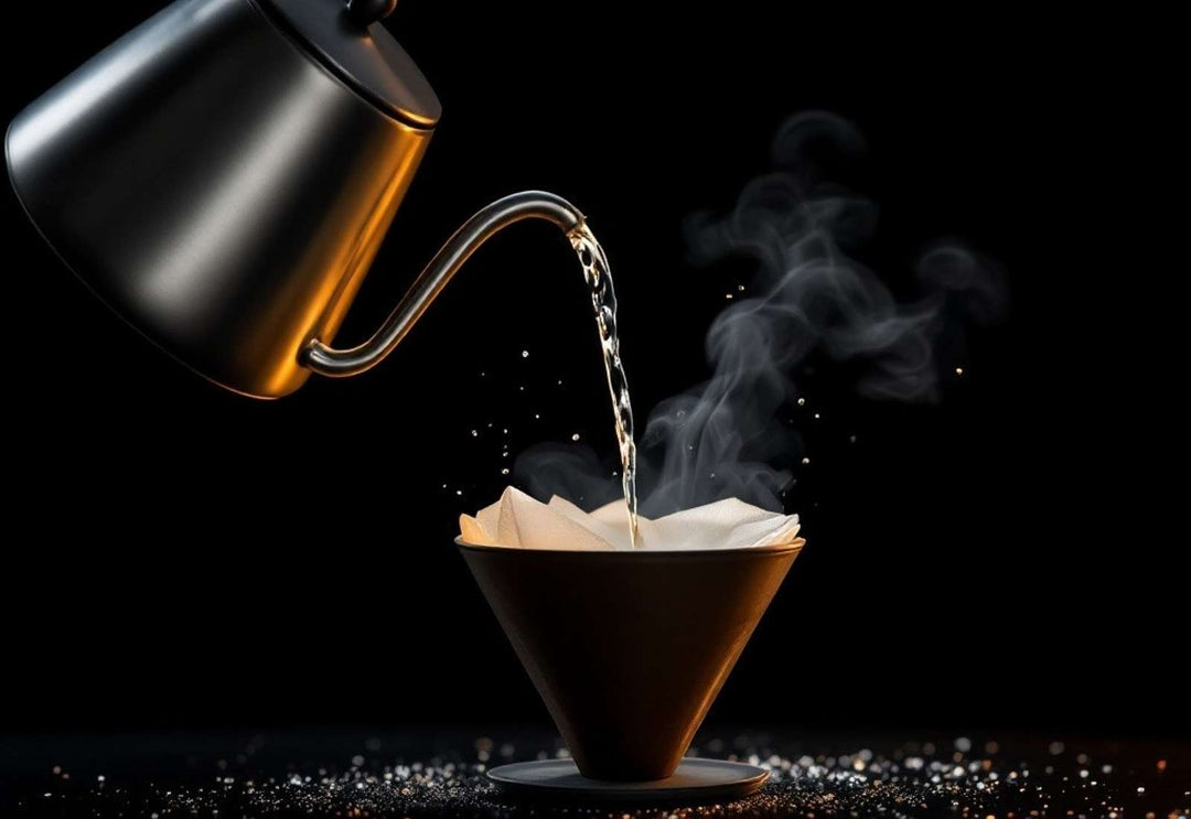 Water pouring from a gooseneck kettle into a coffee filter, steam rising against a dark background