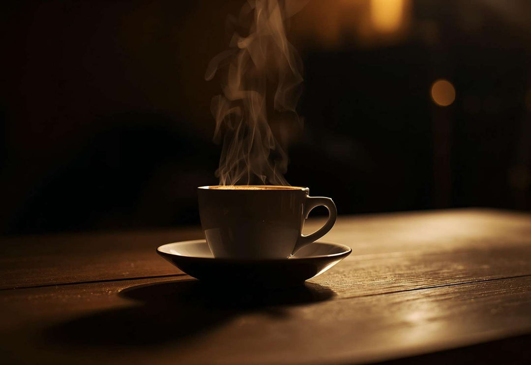 White ceramic coffee cup and saucer with steam rising, warmly lit cafe setting