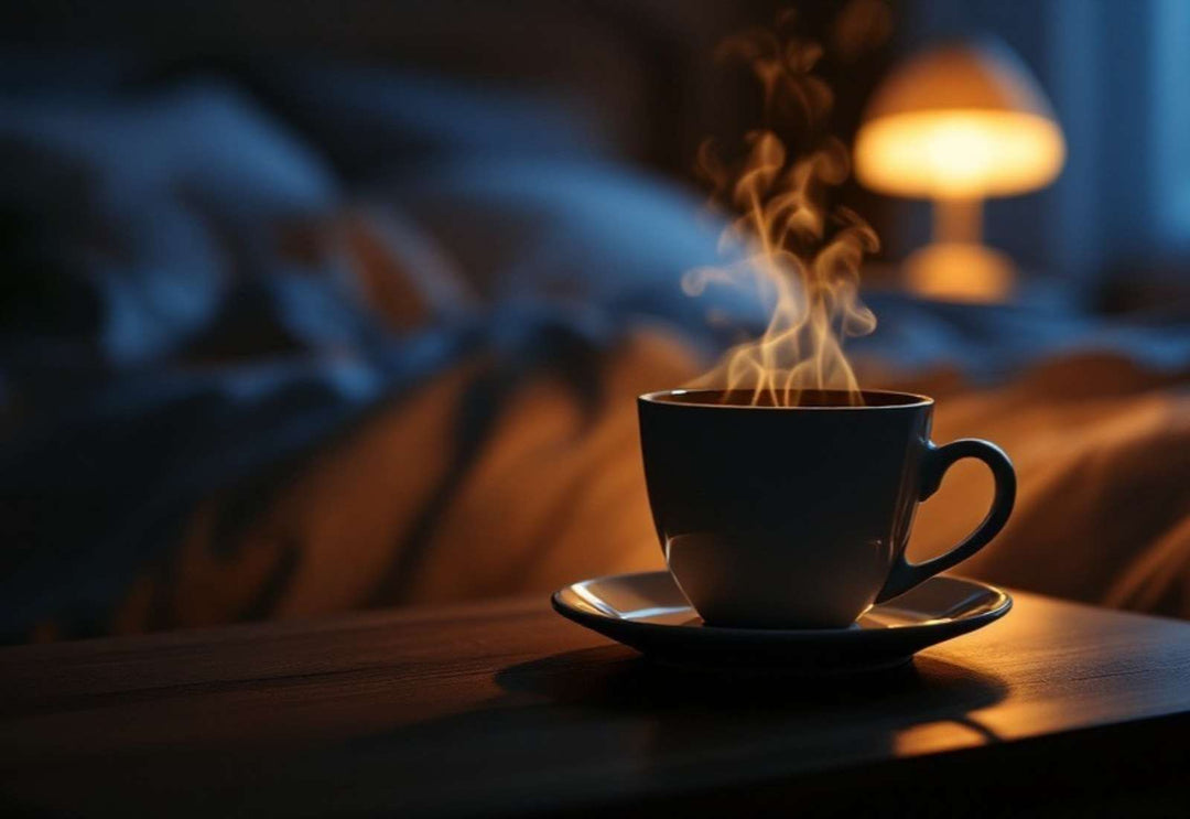 A cup of coffee steaming on a nightstand beside a softly glowing lamp in a dim bedroom at night