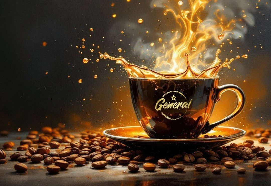 A steaming cup of coffee with a dramatic splash, General Warfield's Coffee logo visible on the cup, surrounded by roasted coffee beans