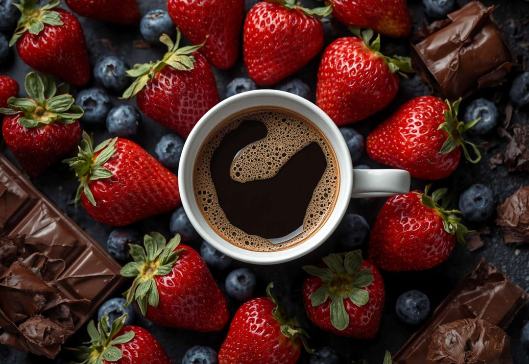 Cup of General Warfield's Ethiopian Yirgacheffe medium roast coffee with chocolates, strawberries, and blueberries that represent the nuanced tasting notes of this roast. 