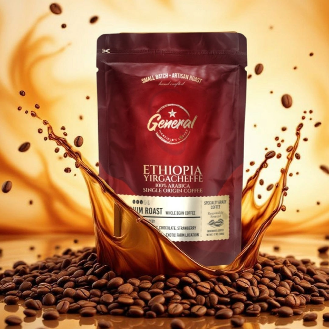 Ethiopian Yirgacheffe bag from General Warfield’s Coffee with splashing coffee, coffee beans, and gradient coffee colored background. 