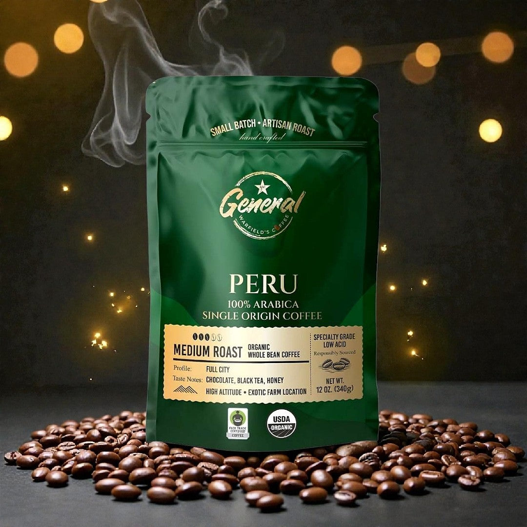 Fair-Trade and Organic certified whole bean Fair-Trade and USDA Organic Peruvian coffee bag with coffee beans and gradient background. 