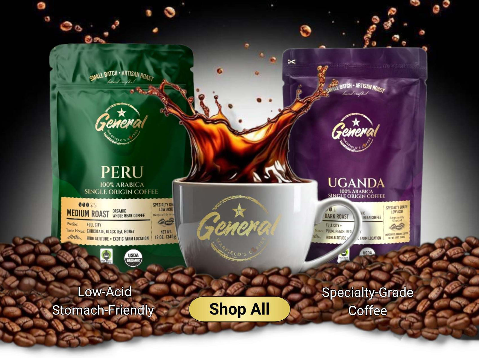General Warfield’s Coffee homepage banner showing Fair-Trade and Organic Peruvian and Ugandan coffees with splashing cup of coffee and Shop All button