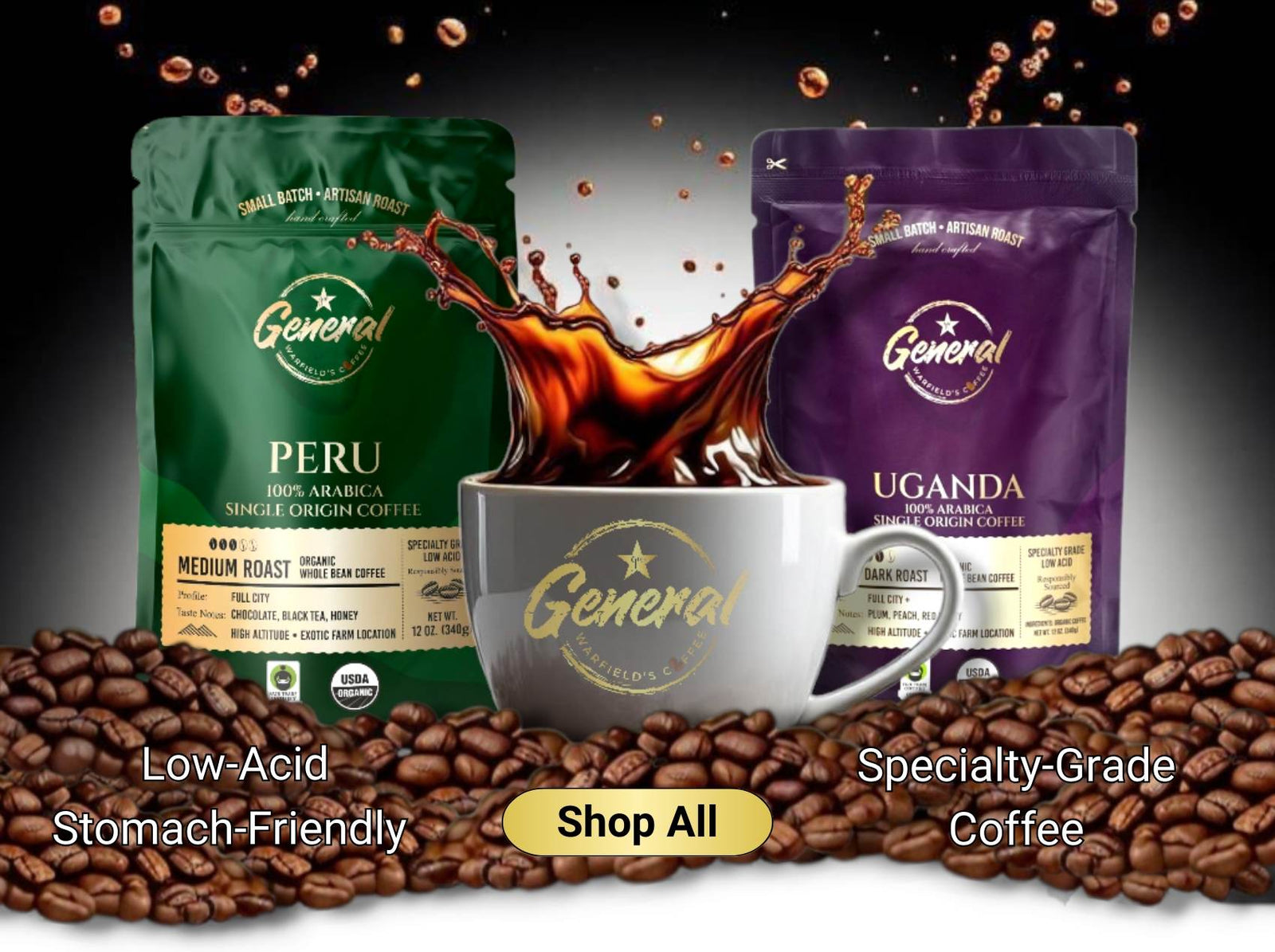 General Warfield’s Coffee homepage banner featuring Fair Trade, USDA Organic, low-acid single-origin Peruvian and Ugandan coffee.