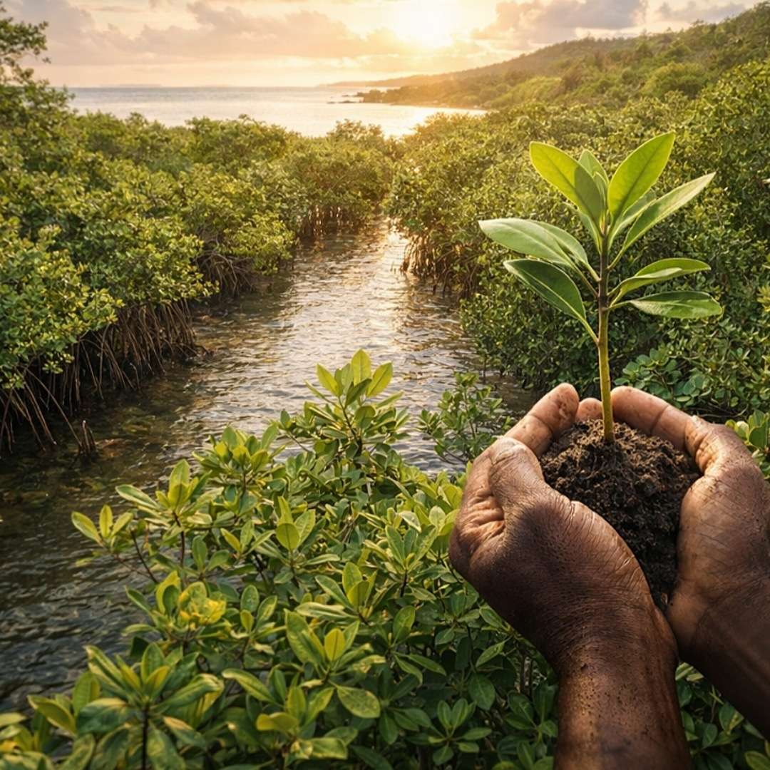 Hand holding a young mangrove tree in front of a mangrove forest with a sunset in the background