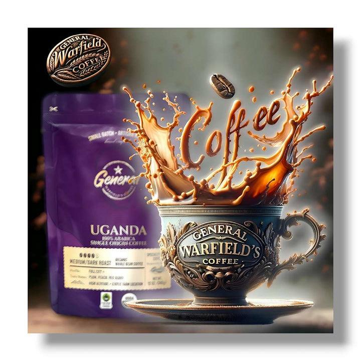 Lifestyle image showing splashing cup of coffee with General Warfield’s Fair-Trade and USDA Organic certified Whole Bean Ugandan roast in the background. 