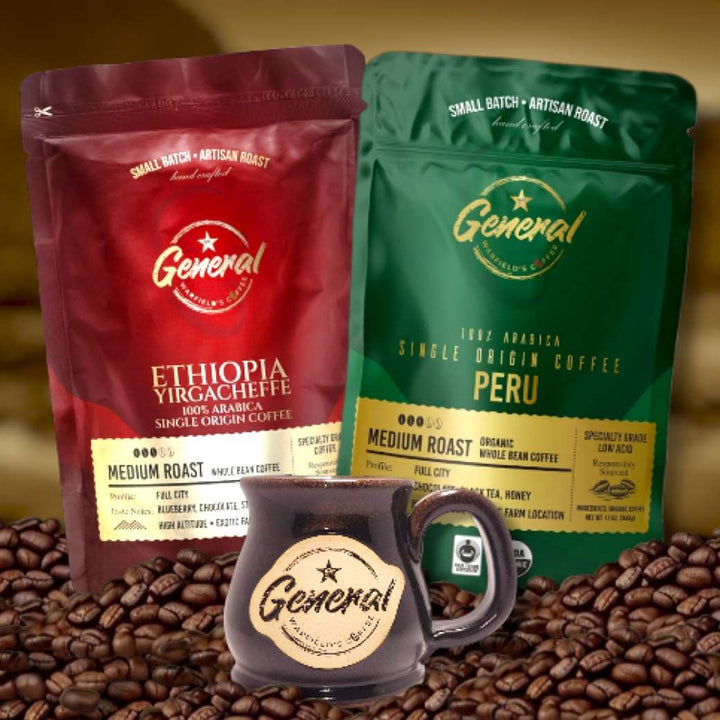 General Warfield’s whole bean bundle featuring Ethiopian and Peruvian coffee