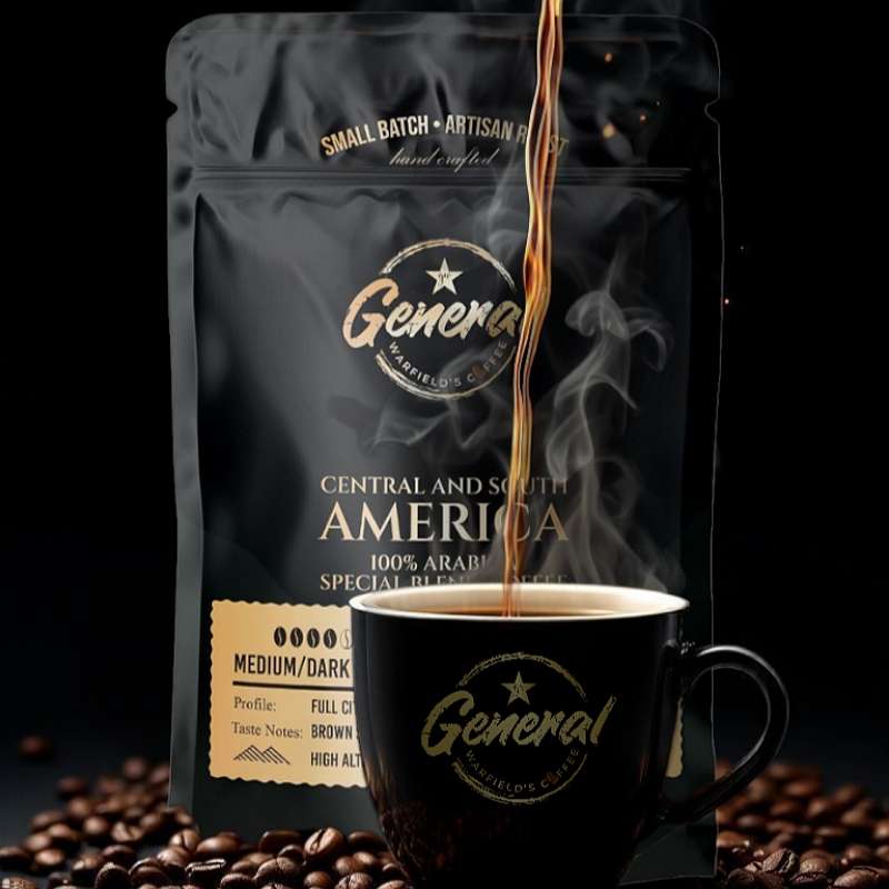 Central & South America 100% arabica  blend with steaming coffee pouring into General Warfield’s coffee cup