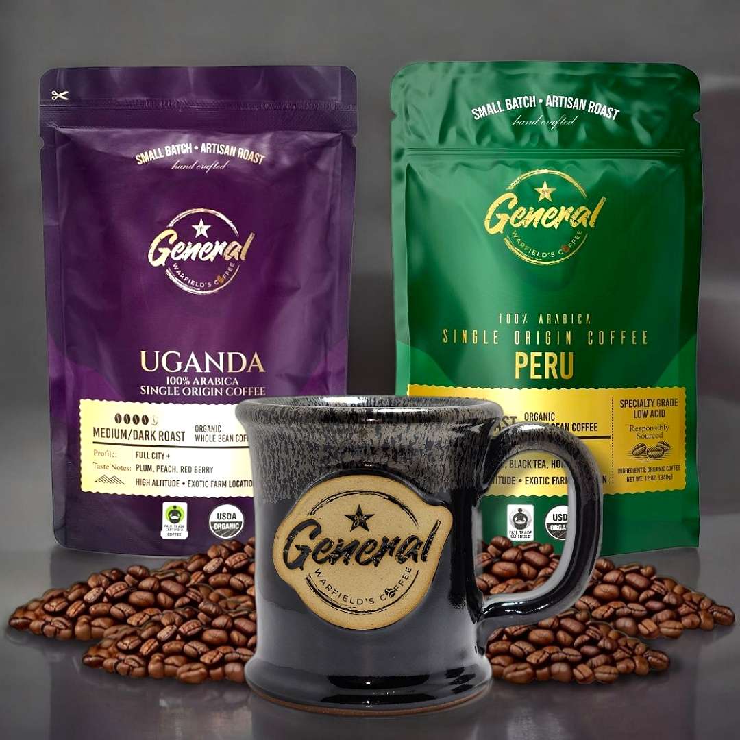 Organic Coffee Brew Bundle featured on top of reflective surface showing coffee bags, mug, and piles of coffee beans. 