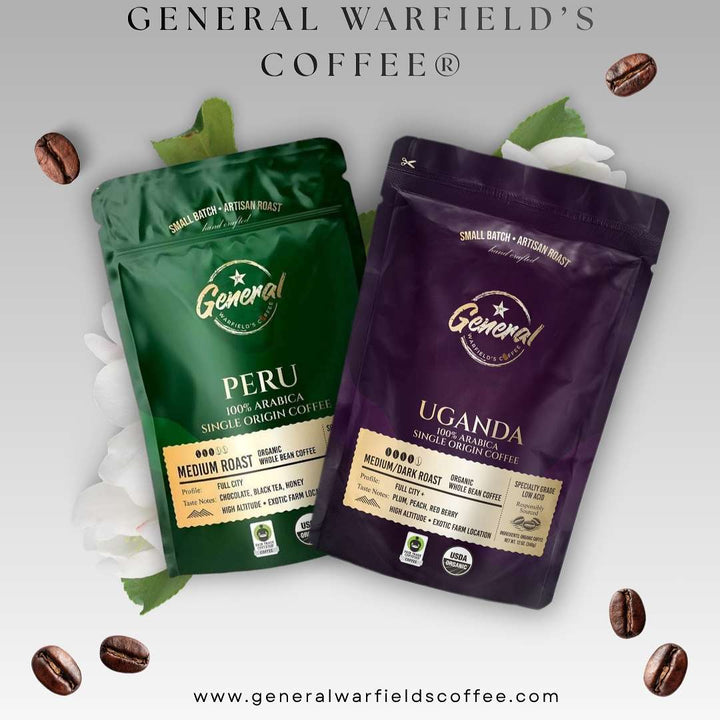 Two stand-up coffee pouches from General Warfield's Coffee, one green labeled Peru and one purple labeled Uganda, shown on a light gray background with scattered coffee beans and white flowers.