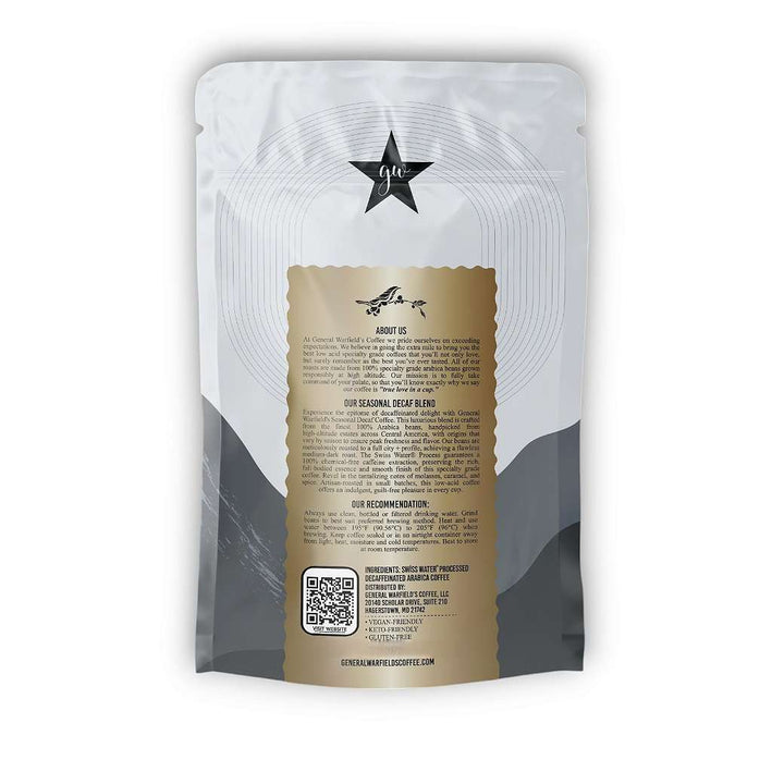 Back of bag view of General Warfield’s Seasonal Swiss Water® Decaf whole bean blend