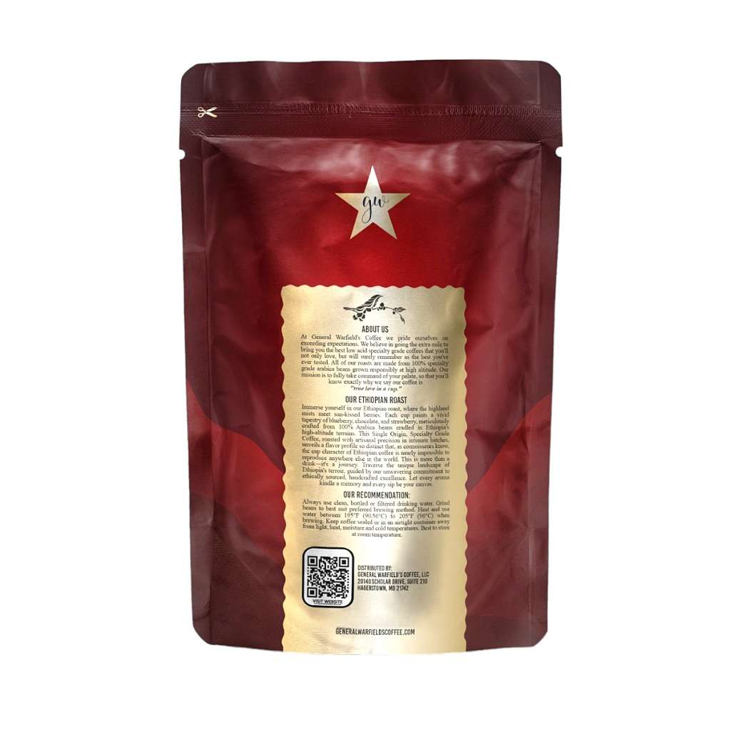 Back of bag view of General Warfield's Ethiopian Yirgacheffe whole bean coffee 