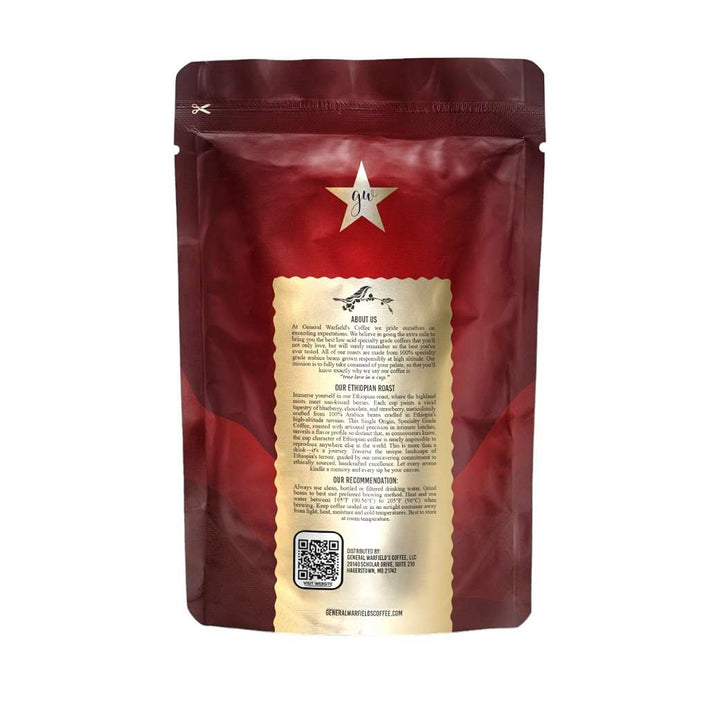Back of bag view of General Warfield's Ethiopian Yirgacheffe whole bean coffee 