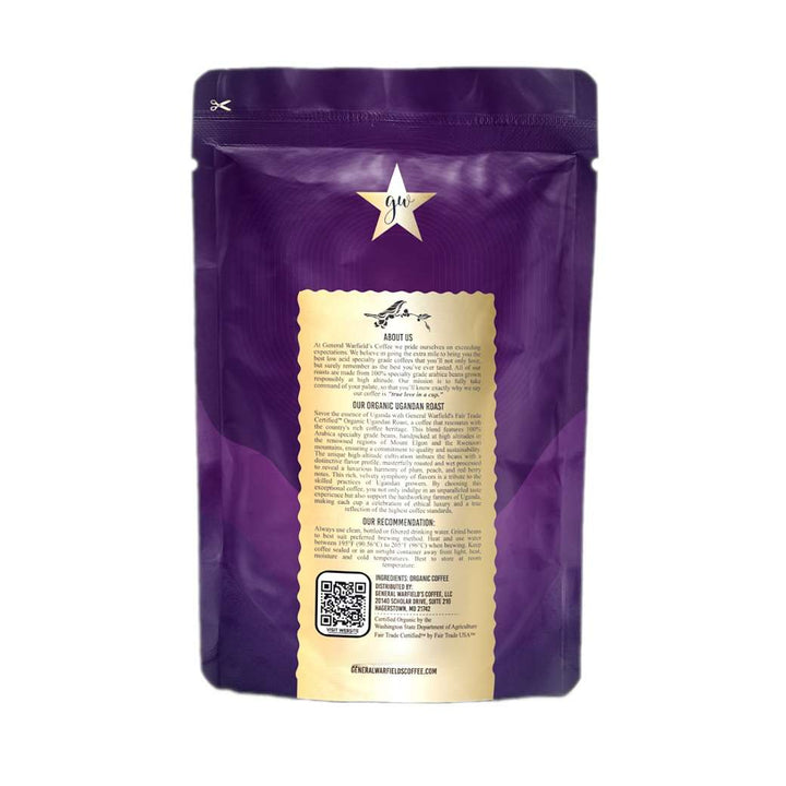 Back of Packaging for Fair-Trade & USDA Organic Certified Ugandan Whole Bean Roast