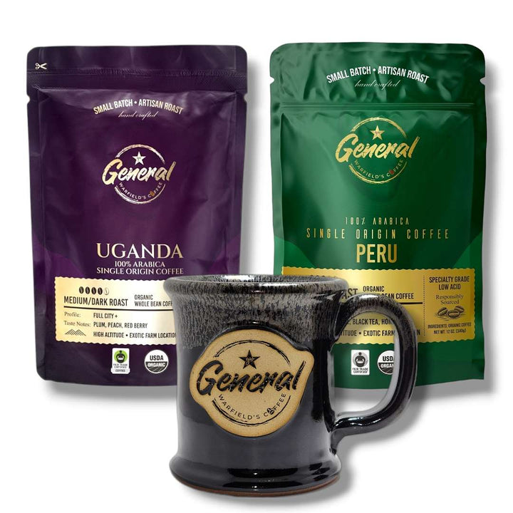 Organic Coffee Brew Bundle featuring Fair-Trade and USDA Organic certified Whole Bean Ugandan and Peruvian coffees plus lead-free and cadmium-free handcrafted 14oz "Silver Star" mug. 