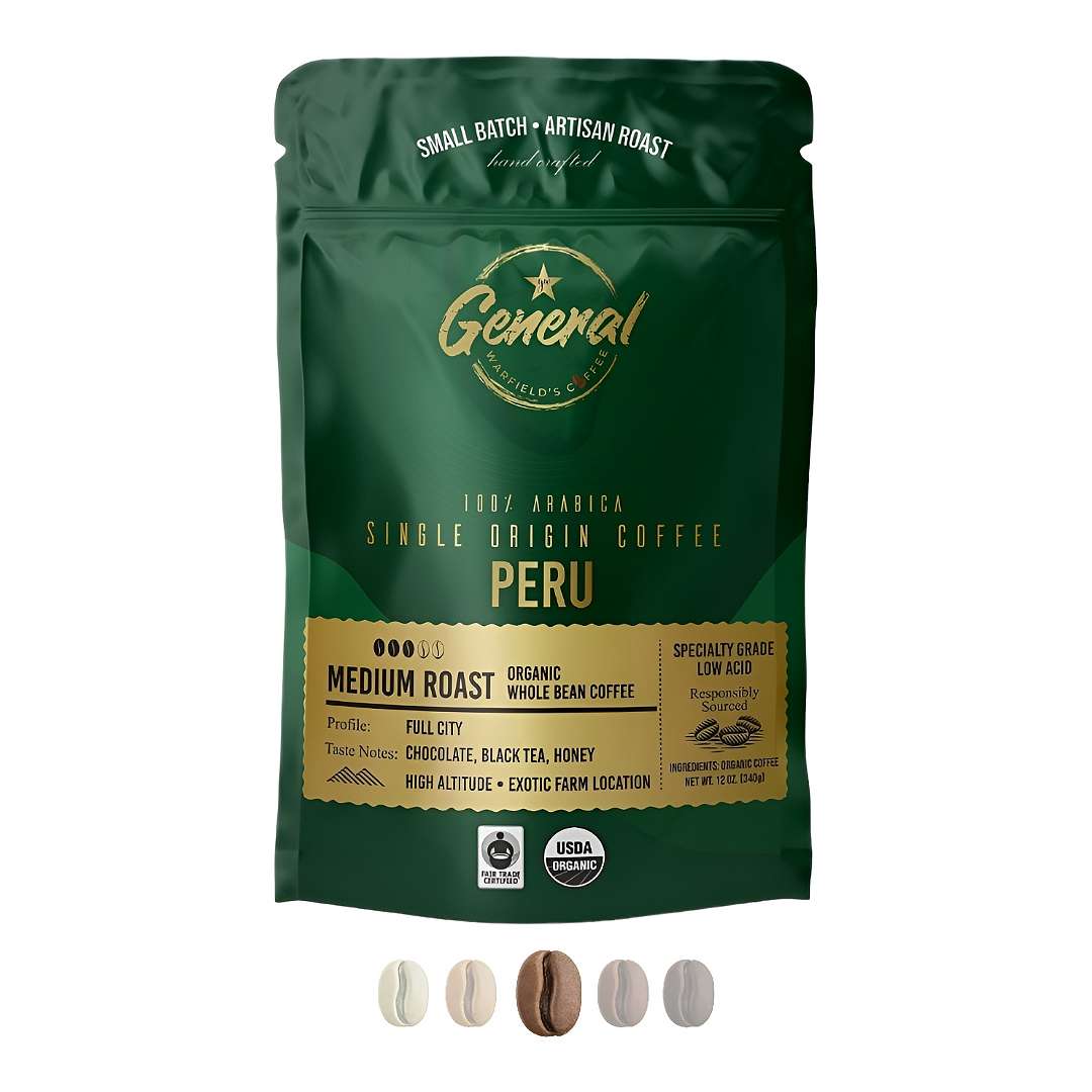 Front view of Fair Trade Certified Organic whole bean Peruvian roast 