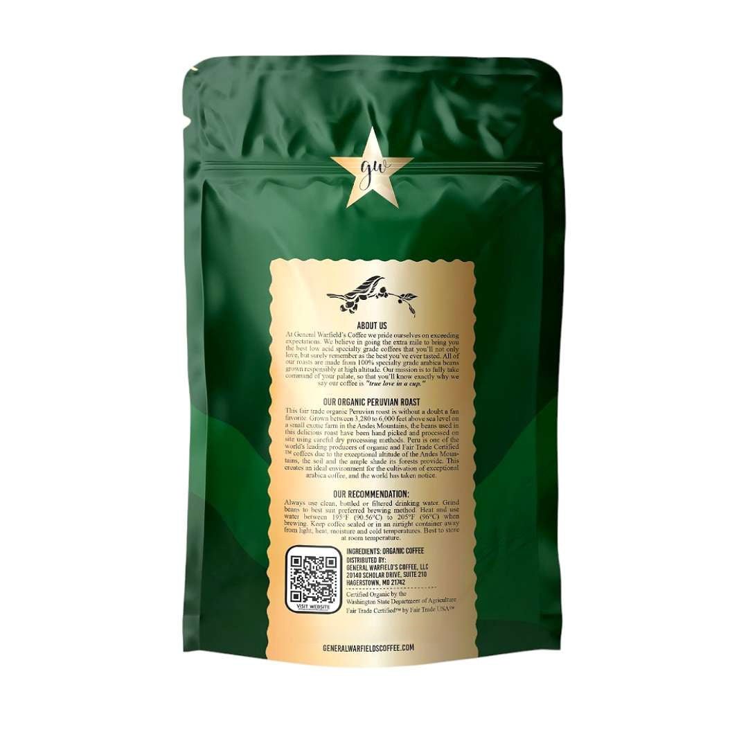Back view of General Warfield’s Coffee® Fair-Trade and USDA Organic certified whole bean Peruvian roast 