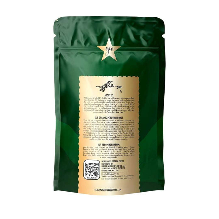 Back view of General Warfield’s Coffee® Fair-Trade and USDA Organic certified whole bean Peruvian roast 