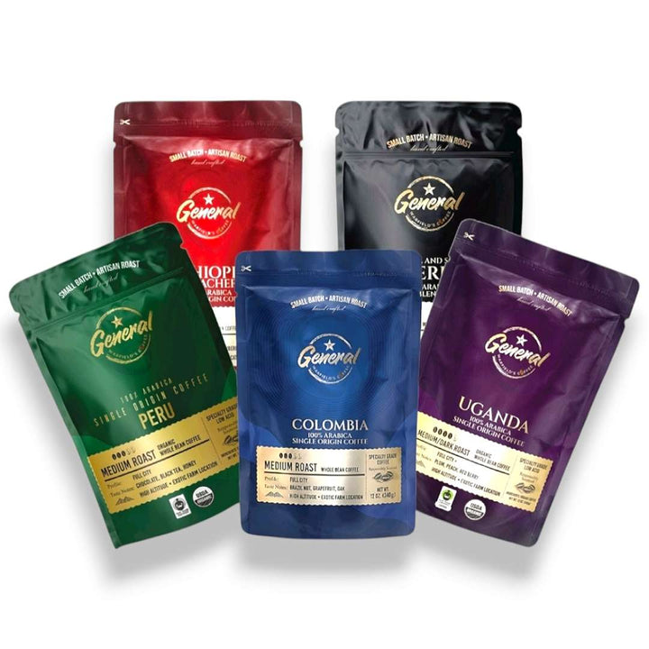 The Bean Dream Coffee Bundle Featuring Single-Origin and Specialty Grade Colombian, Ethiopian, Peruvian, and Ugandan Beans in Addition to a Delicious Brazilian and Guatemalan Blend. 