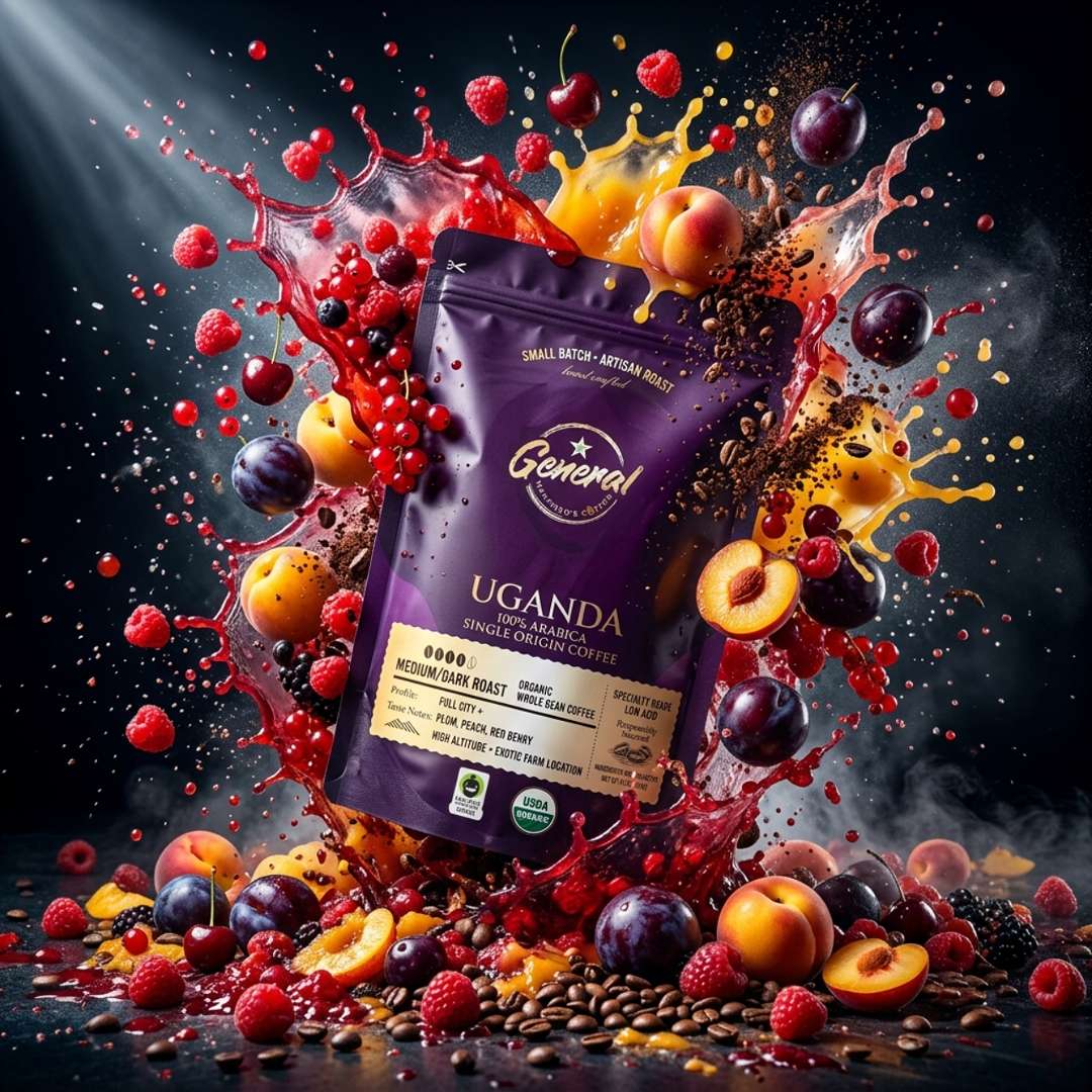 Fair-Trade and USDA Organic certified Whole Bean Ugandan coffee package with splashing fruit and liquid on a dark background. The fruits represent the natural tasting notes. 