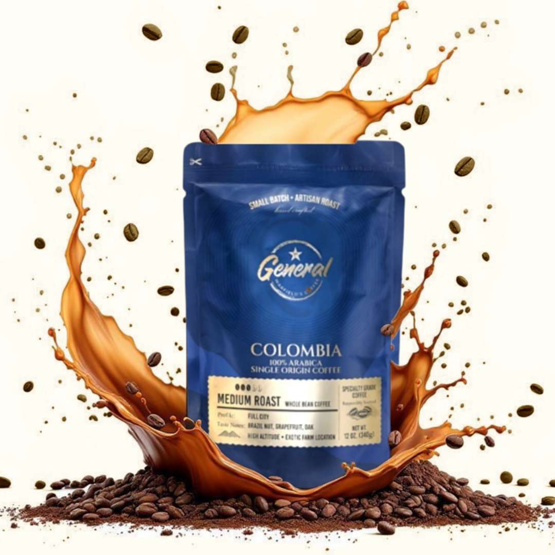 A blue stand-up pouch of General Warfield's Colombia medium roast whole bean coffee centered on a white background, surrounded by a dramatic splash of coffee liquid and scattered coffee beans.