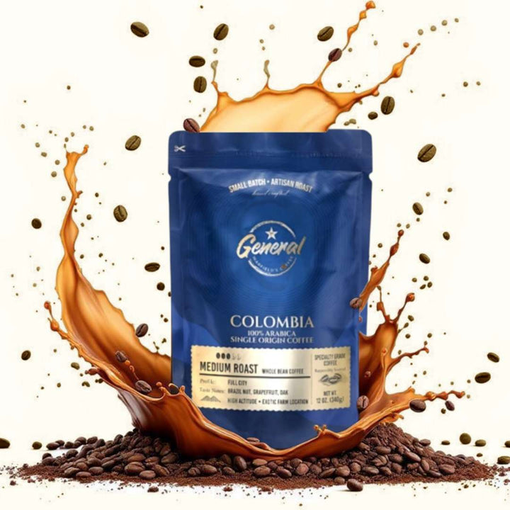 A blue stand-up pouch of General Warfield's Colombia medium roast whole bean coffee centered on a white background, surrounded by a dramatic splash of coffee liquid and scattered coffee beans.