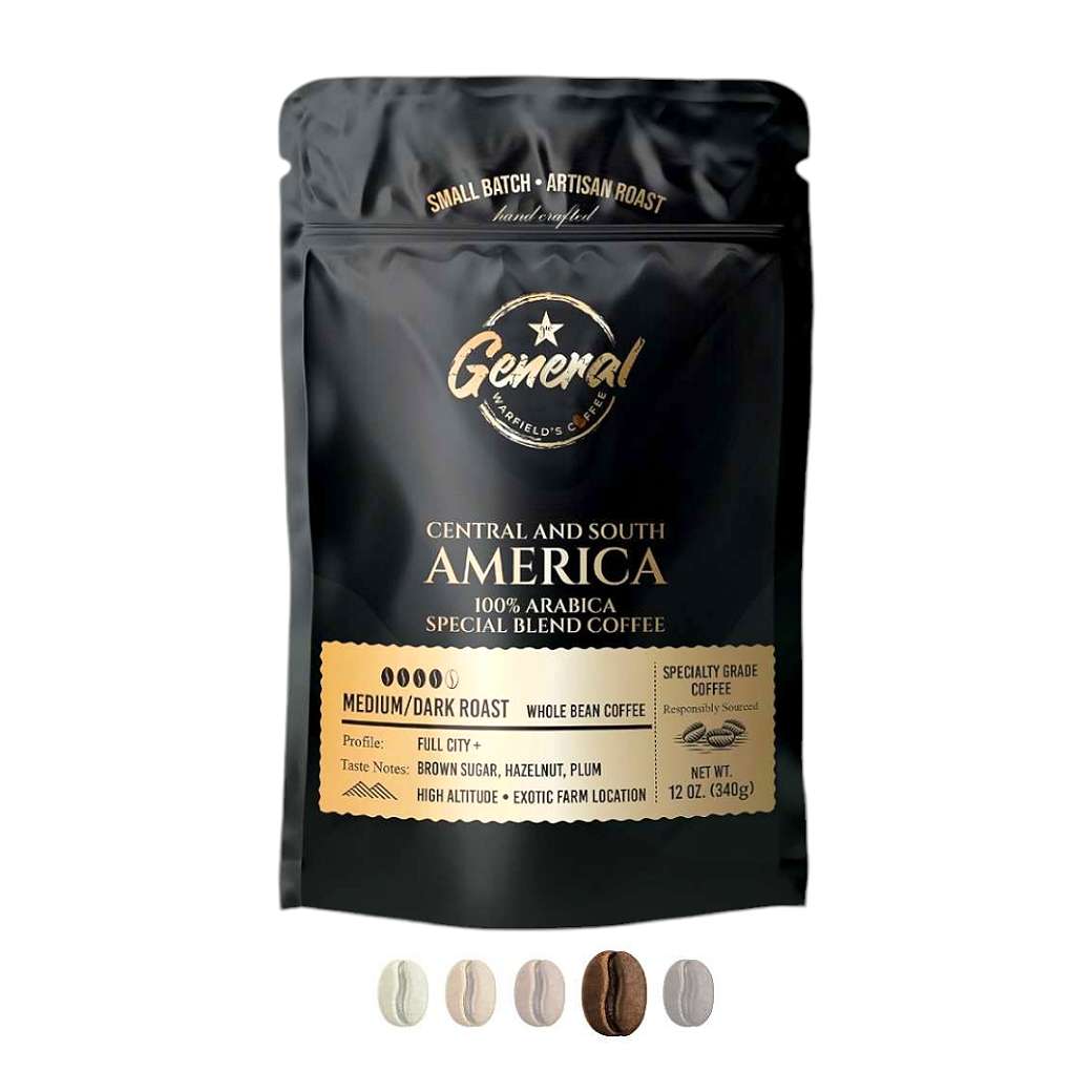 Front view of Central and South America blend showing medium-dark roast profile