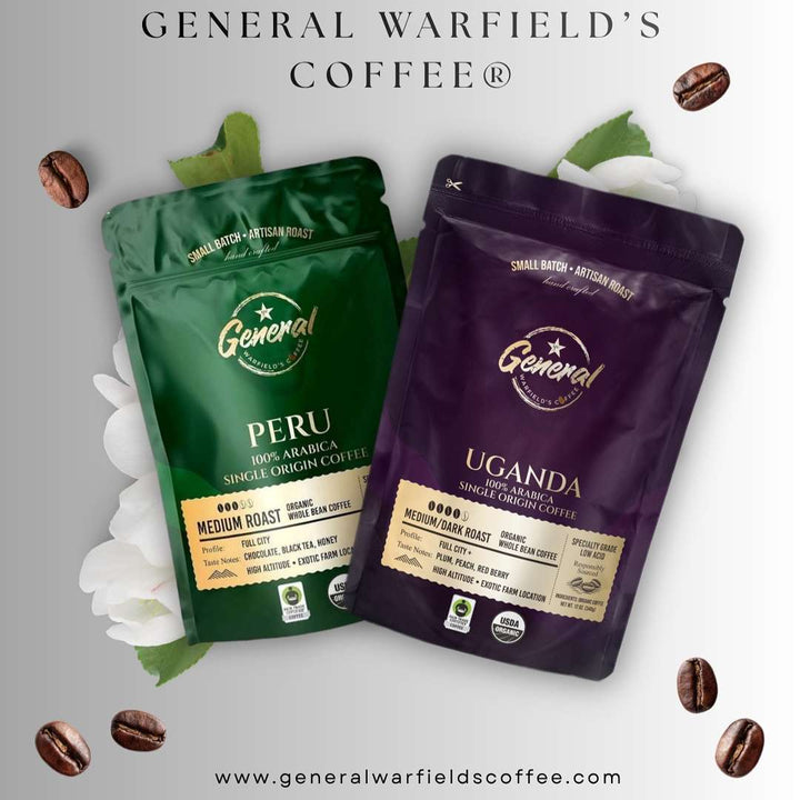 Two stand-up coffee pouches from General Warfield's Coffee, one green for Peru and one dark purple for Uganda, displayed on a light gray background with scattered coffee beans and white flowers.