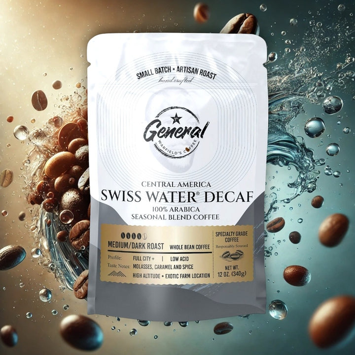 General Warfield’s Swiss Water Decaf Roast with coffee beans and splashing water representing a 100% chemical-free caffeine extraction process. 