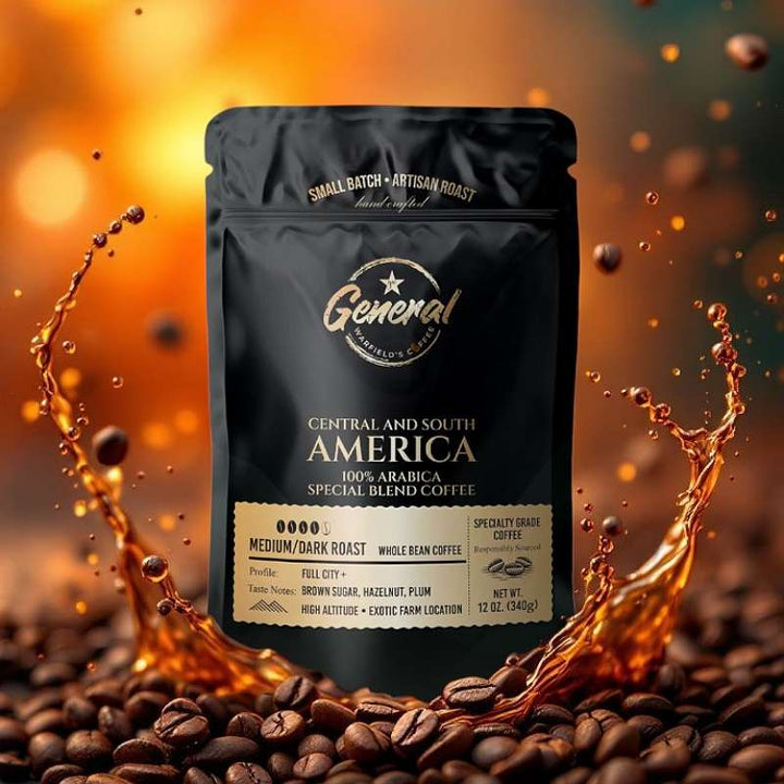 Central & South America 100% arabica roast with splashing coffee and specialty beans around bag