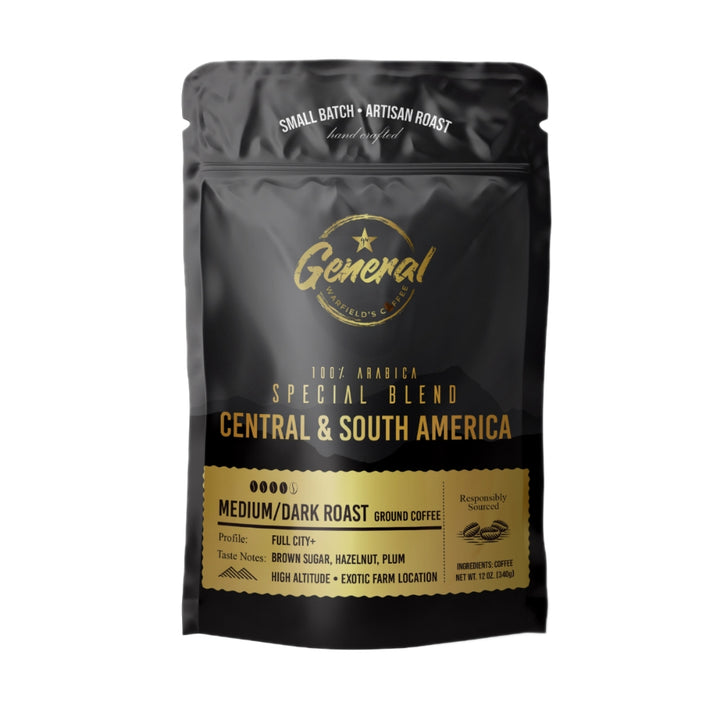 front view of main product image of 100% arabica South America Coffee Medium/Dark Roast Central and South American blend