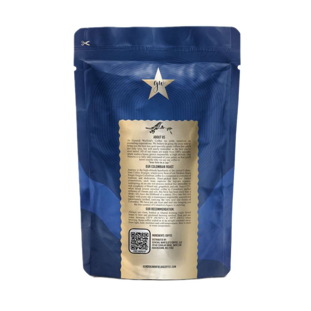 Back of General Warfield’s Coffee® packaging for Colombia whole bean roast - Medium 12oz