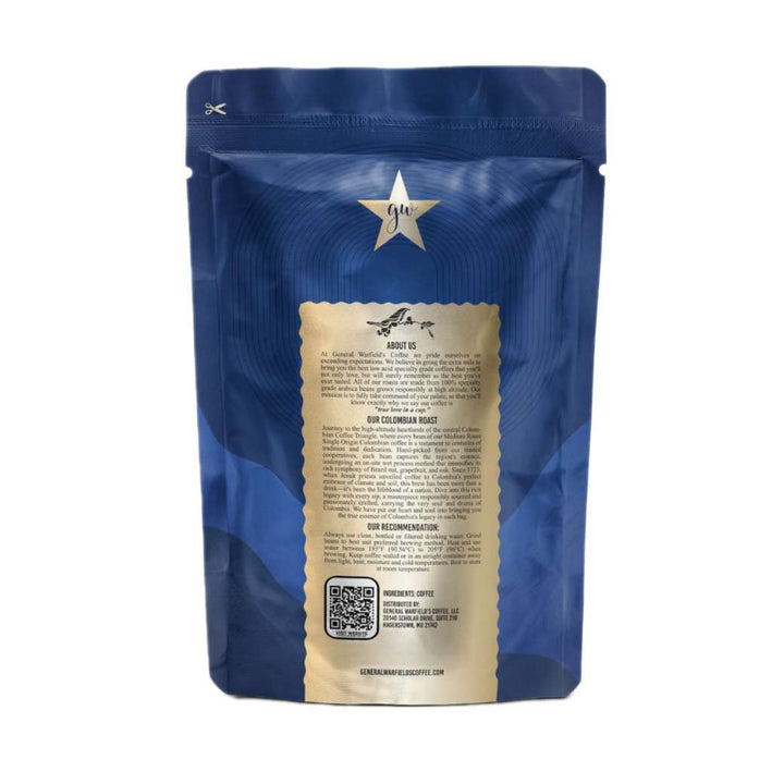 Back of General Warfield’s Coffee® packaging for Colombia whole bean roast - Medium 12oz