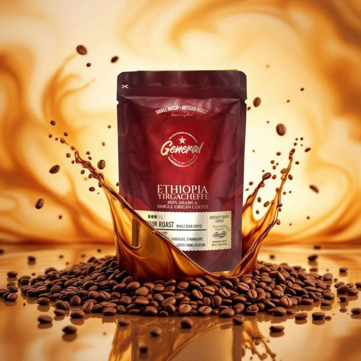 Ethiopian lifestyle image showing bag, splashing coffee, pile of beans and a gradient coffee colored background. 